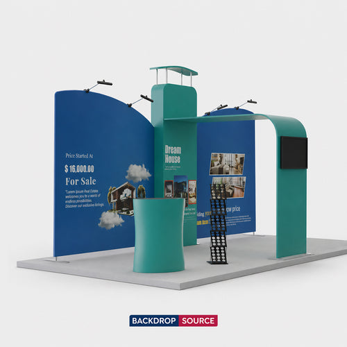 Kit de exhibición de fondo recto inclinado de 20 x 10 con pared 3D y arco