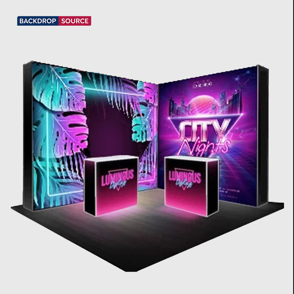 L-Shaped Illuminated Media Wall Set with Counters for 10ft x 10ft Booths.