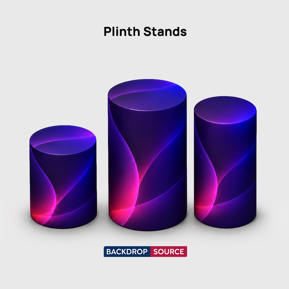 Fabric-covered plinth stands for event and party backdrop displays