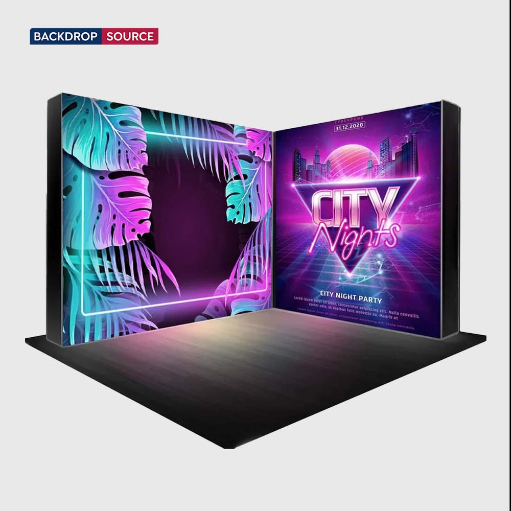L-Shaped Illuminated Media Wall Set with Counters for 10ft x 10ft Booths.