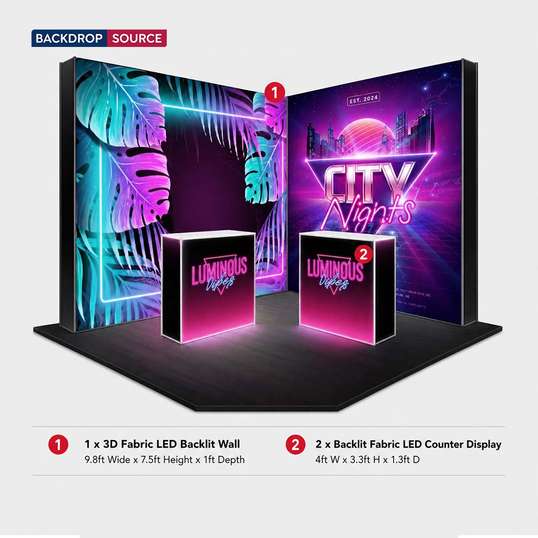 L-Shaped Illuminated Media Wall Set with Counters for 10ft x 10ft Booths.