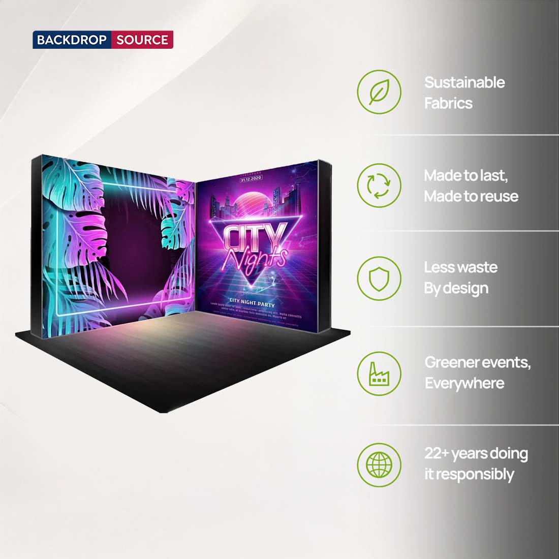 L-Shaped Illuminated Media Wall Set with Counters for 10ft x 10ft Booths.