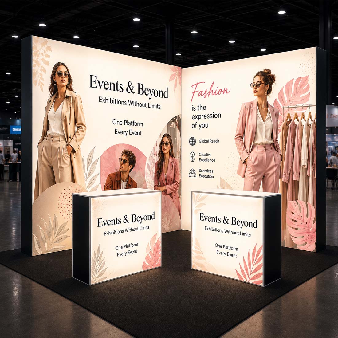 L-Shaped Illuminated Media Wall Set with Counters for 10ft x 10ft Booths.