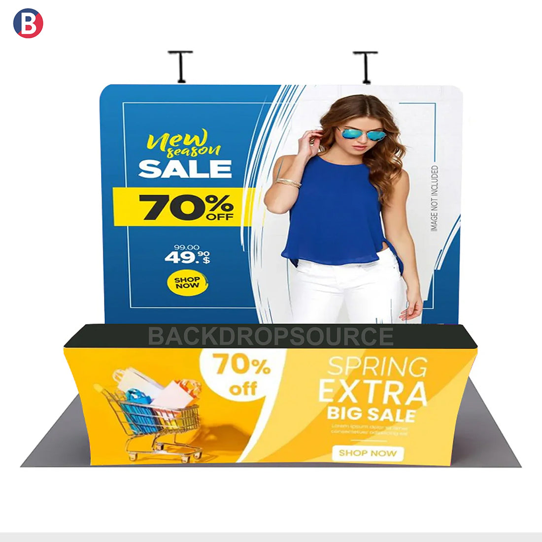 Kit de stand compacto de 10 x 10 con pared trasera y cubierta para mesa