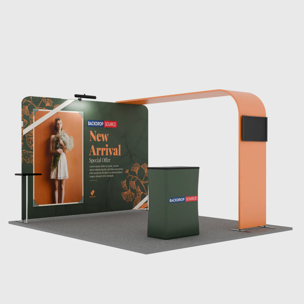 Kit de exhibición de TV con arco en L económico para stands de 10 pies de ancho