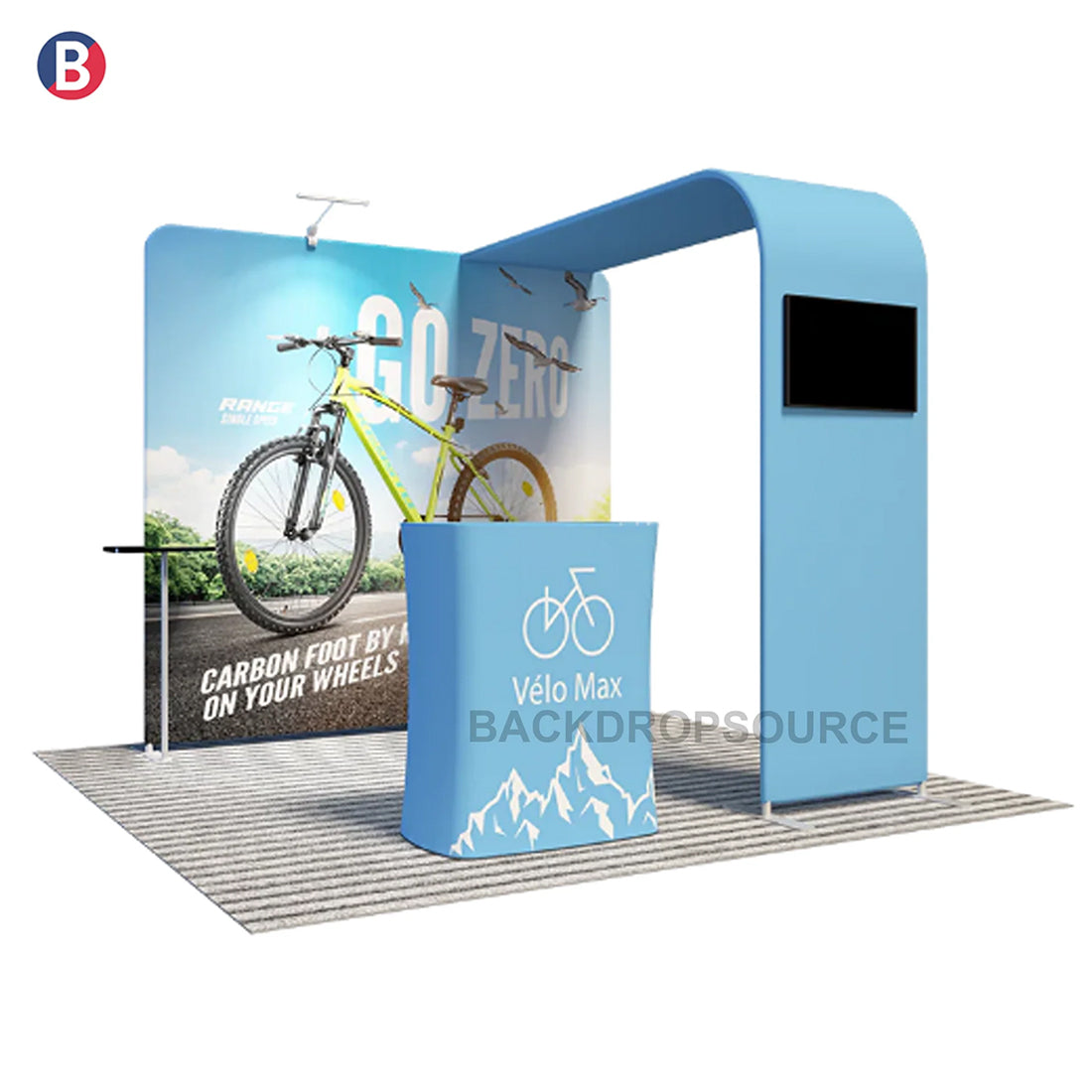 Kit de exhibición de TV con arco en L económico para stands de 10 pies de ancho