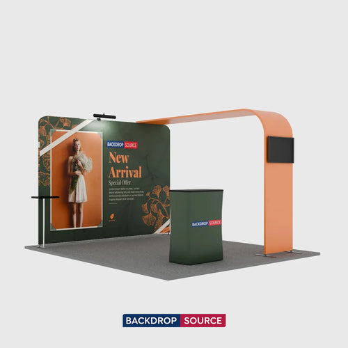 Kit de exhibición de TV con arco en L económico para stands de 10 pies de ancho