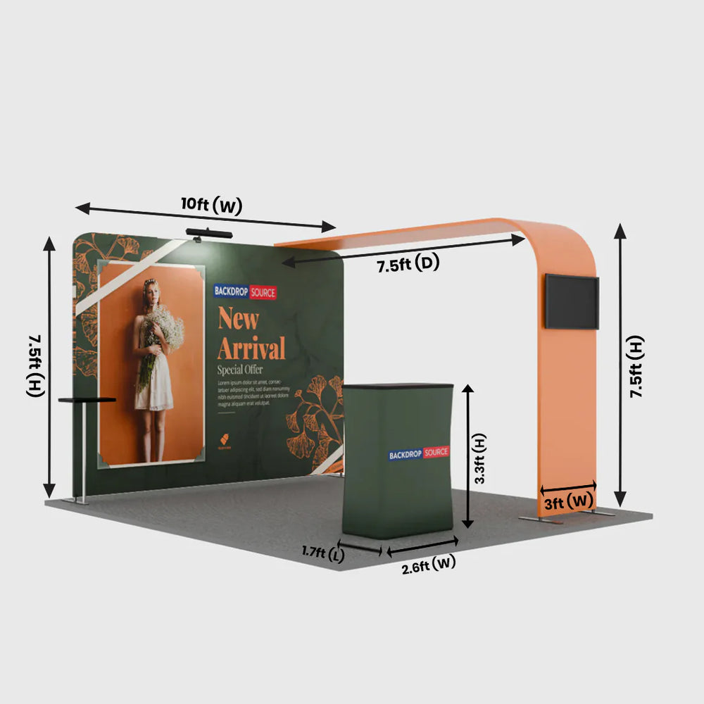 Kit de exhibición de TV con arco en L económico para stands de 10 pies de ancho
