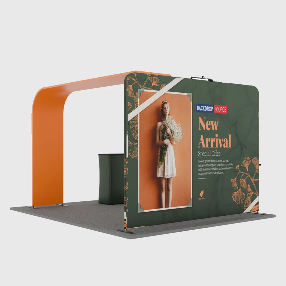 Kit de exhibición de TV con arco en L económico para stands de 10 pies de ancho