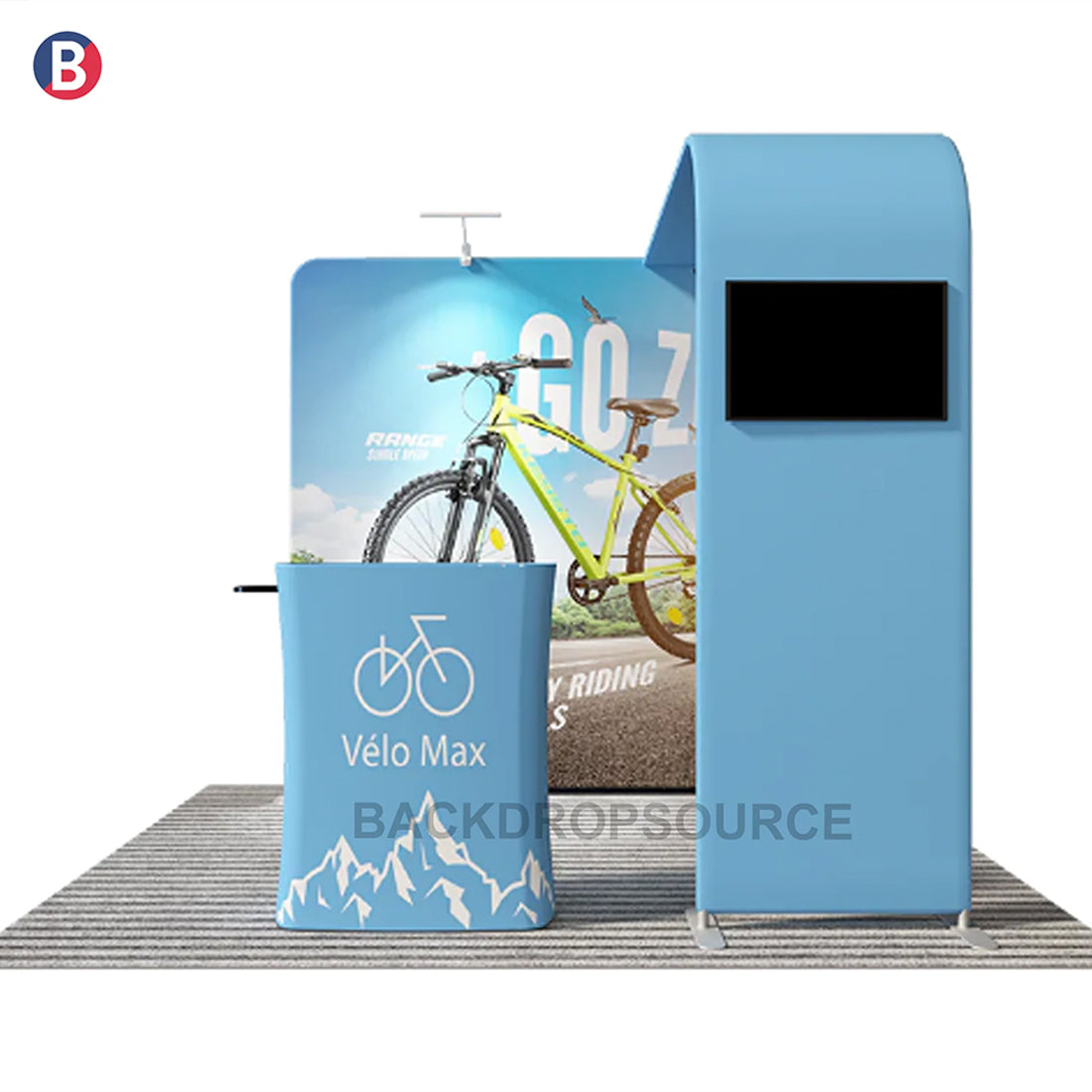 Kit de exhibición de TV con arco en L económico para stands de 10 pies de ancho