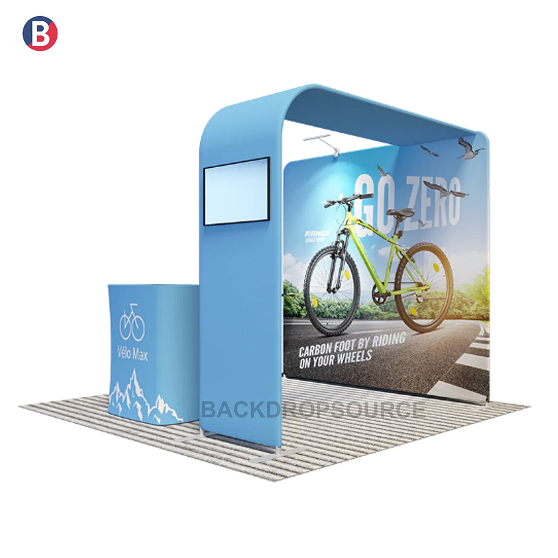 Kit de exhibición de TV con arco en L económico para stands de 10 pies de ancho