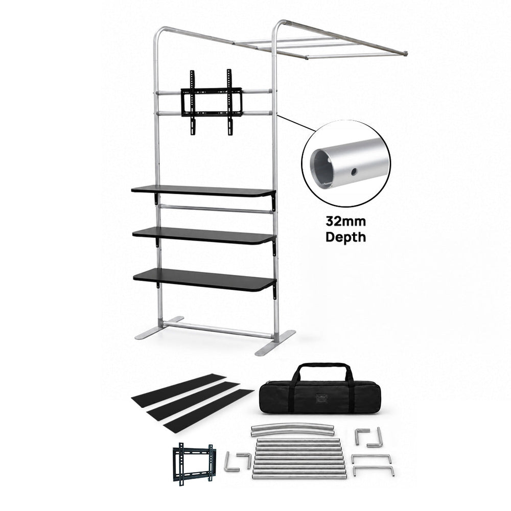 L-Shaped Display Shelf & TV Rack (L arch frame with shelves & TV mount) - included in Photo Booth & Pop-Up Display Exhibition Kit