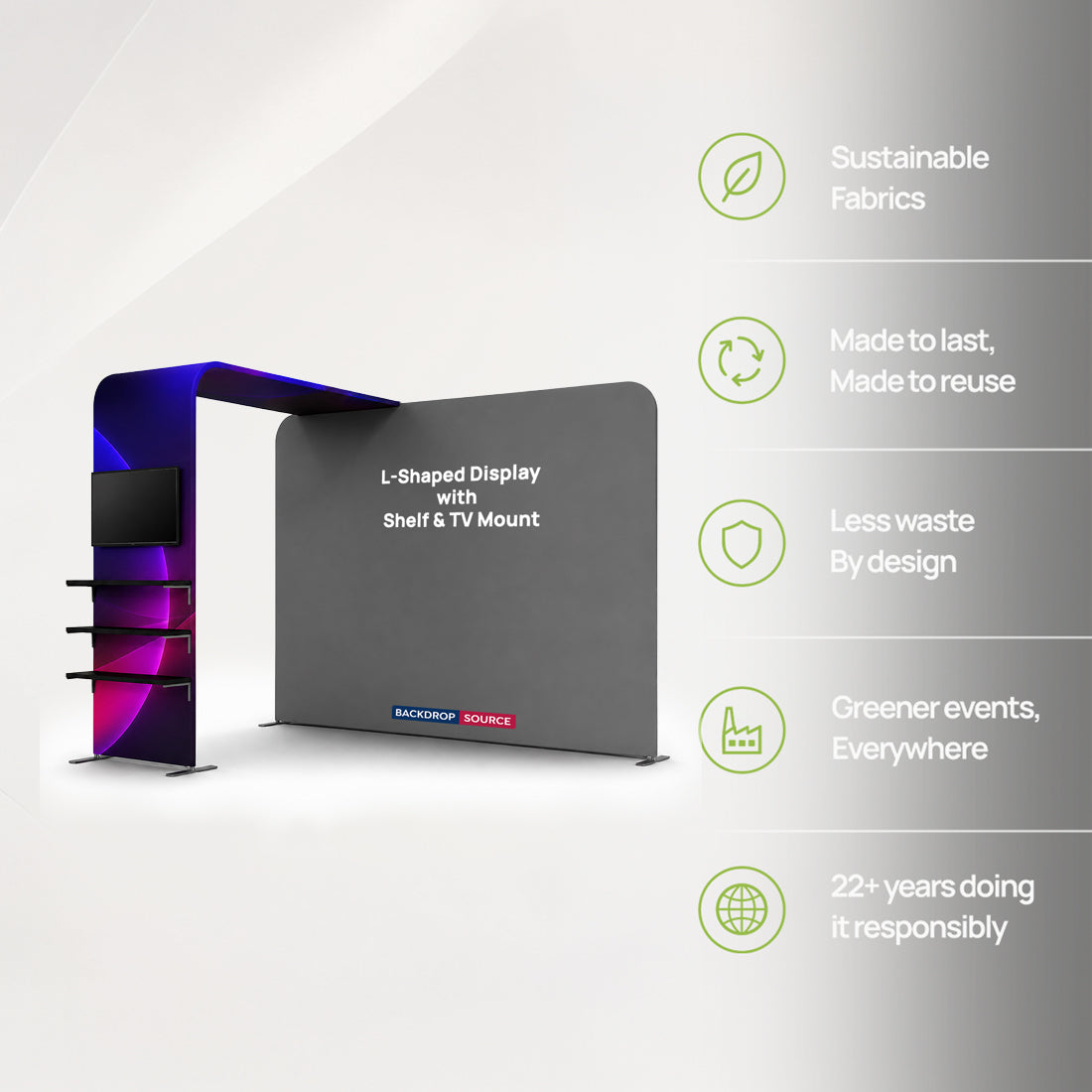 Portable L-Shaped Fabric Display with Shelf & TV Mount