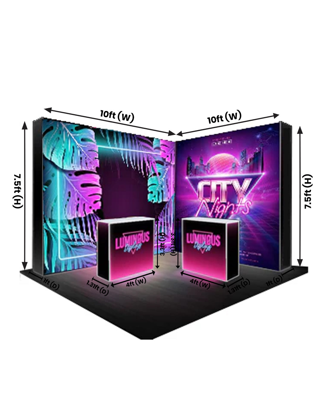 Set di pareti multimediali illuminate a forma di L con banconi per stand da 10 piedi x 10 piedi.