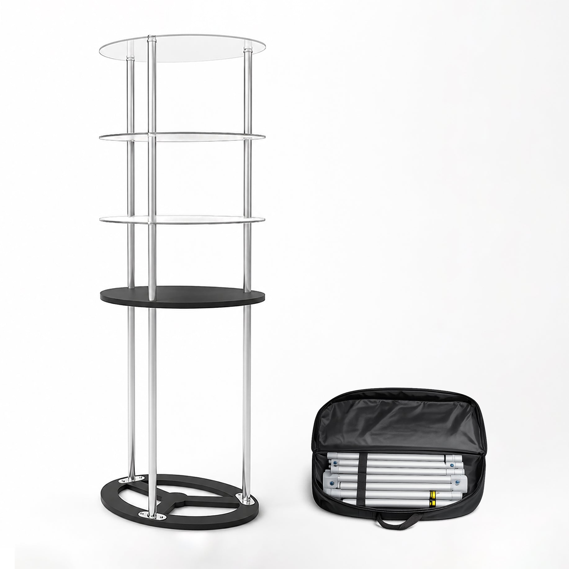 Oval Fabric Display Counter with Acrylic Triple Shelves