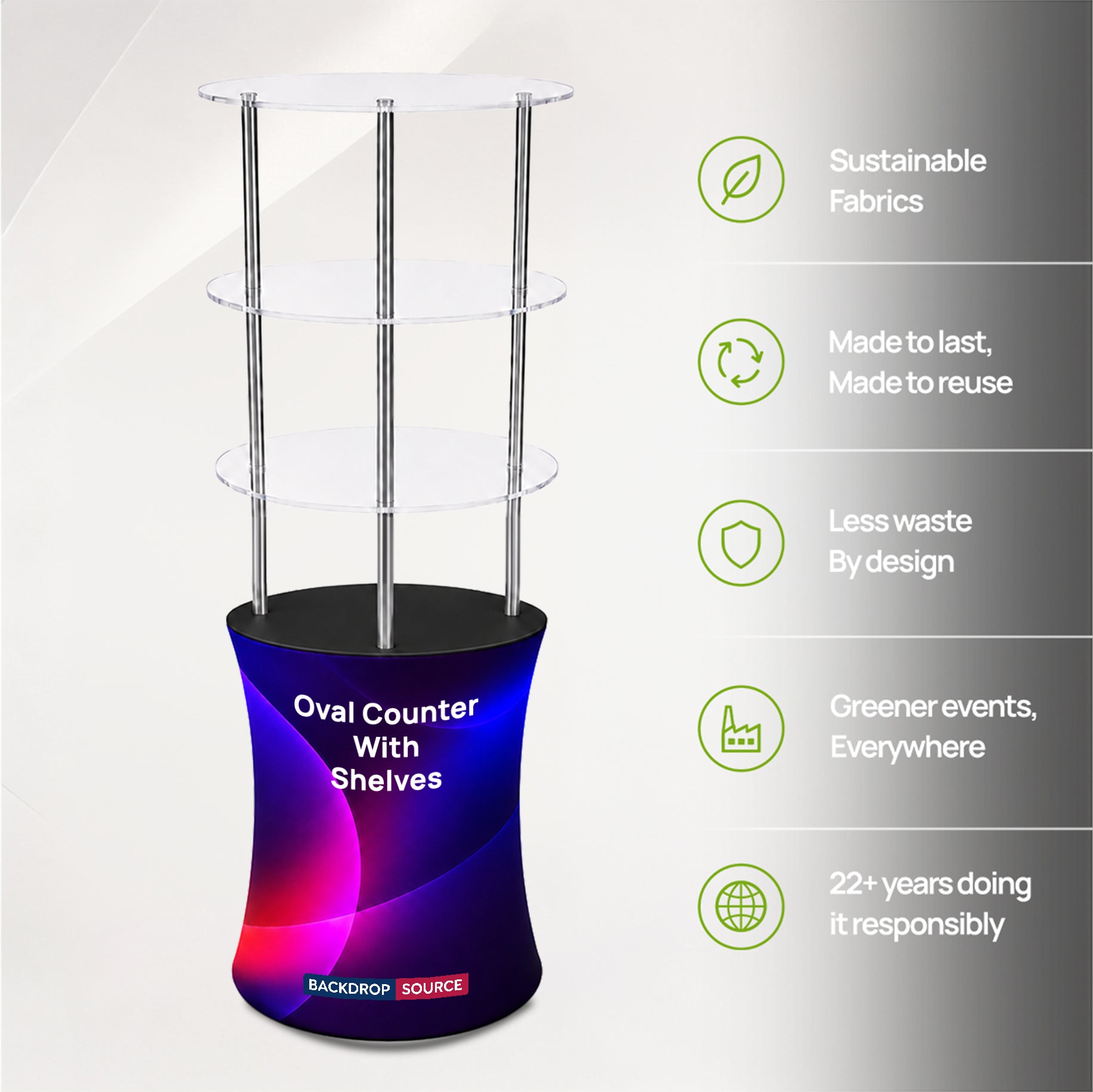 Oval Fabric Display Counter with Acrylic Triple Shelves