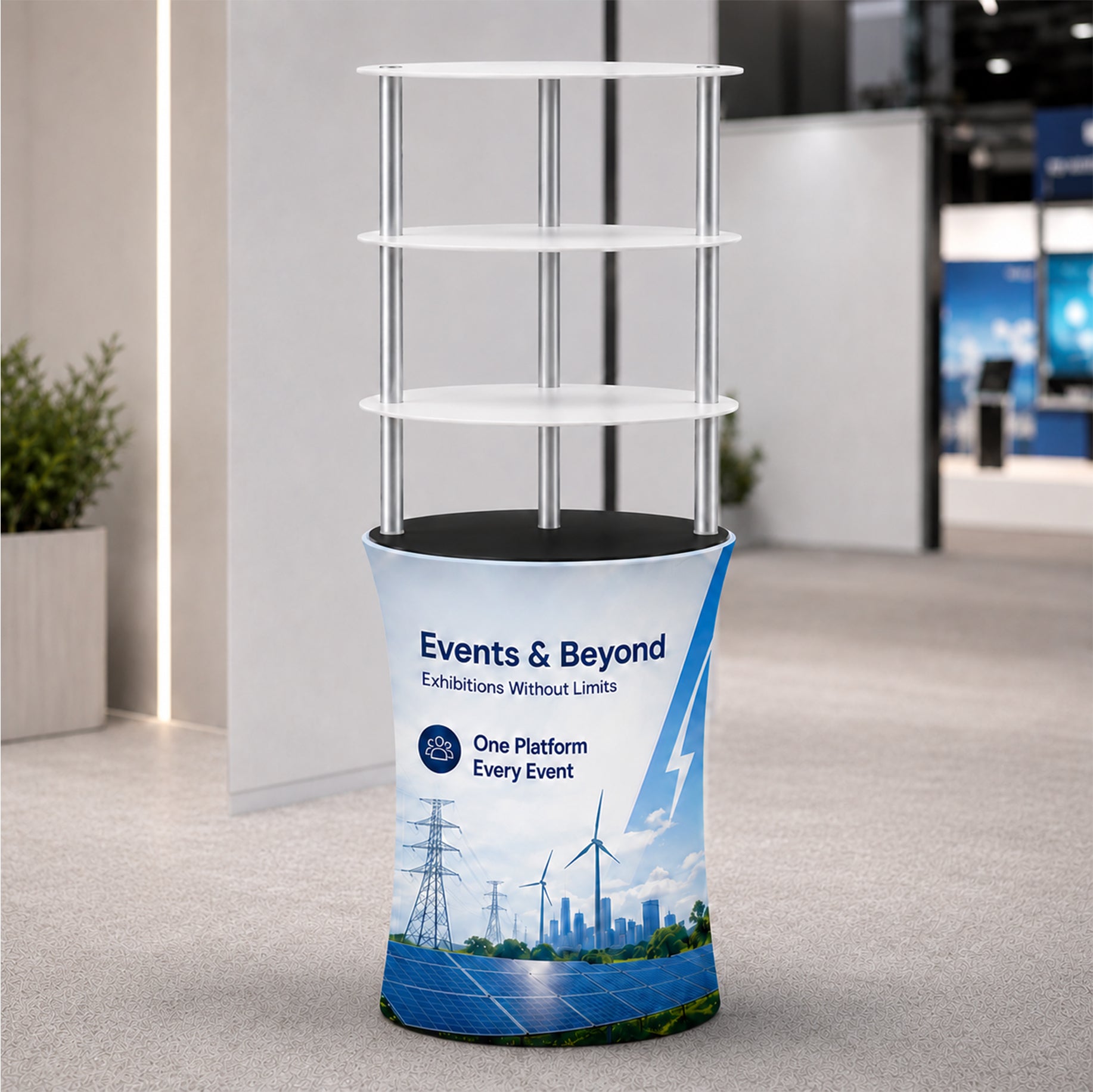 Oval Fabric Display Counter with Acrylic Triple Shelves