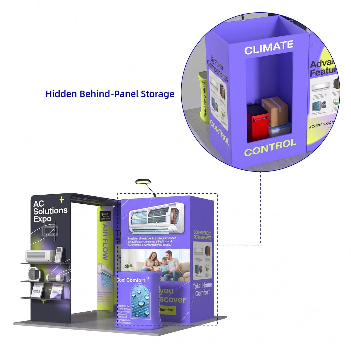 Photo Booth & Pop-Up Display Exhibition Kit with Shelving & TV Rack - hidden behind-panel storage