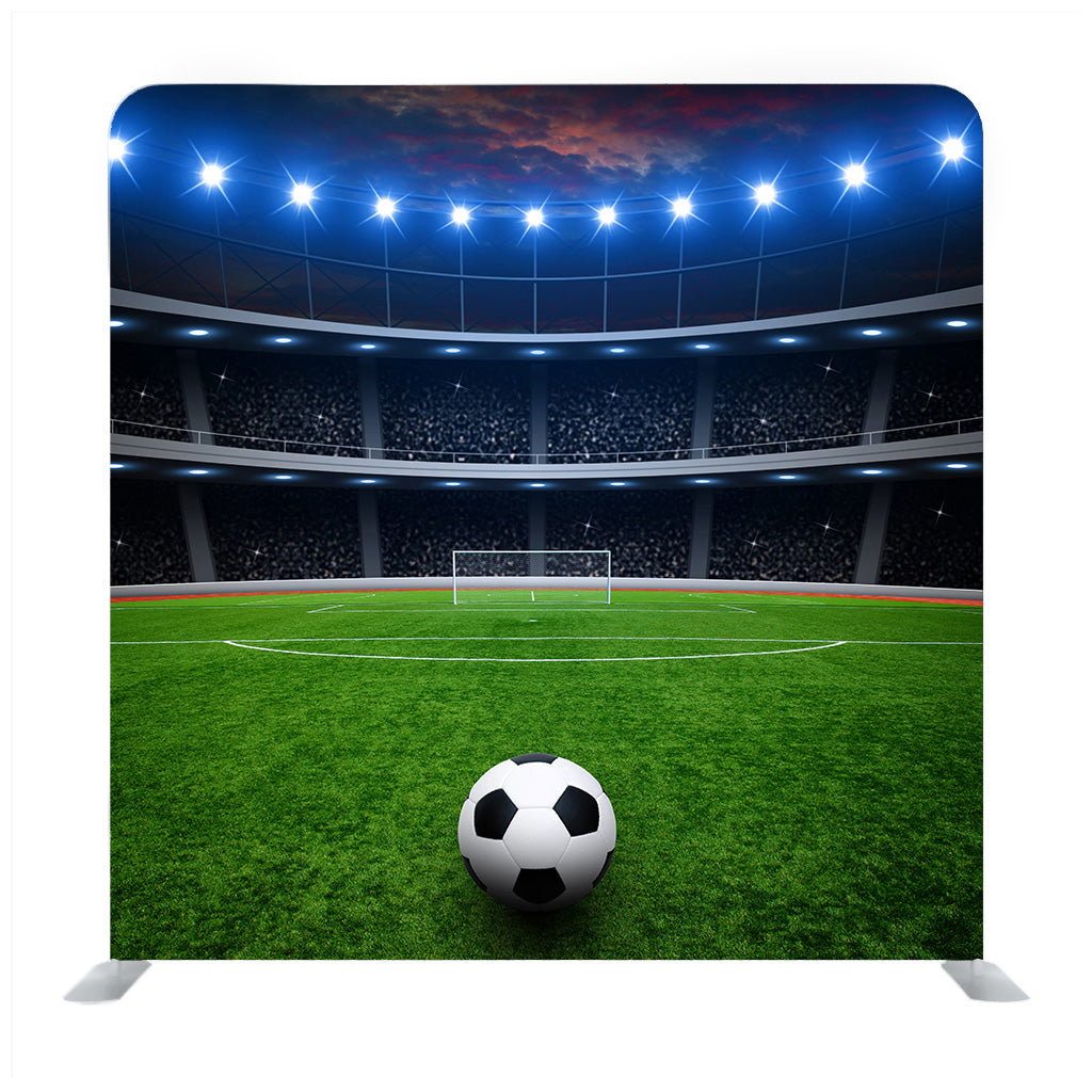 Soccer Ball On Green Stadium, Arena In Night Illuminated Bright Spotlights With Football Background Media Wall - Backdropsource